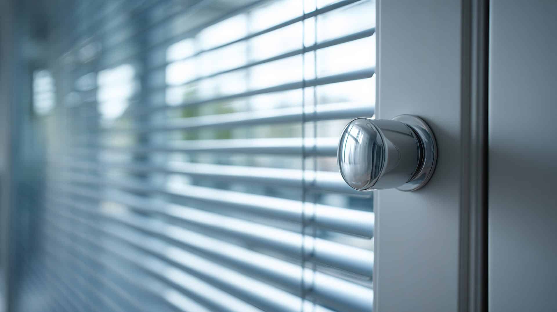 Modern glass door handle and blinds in contemporary office space.